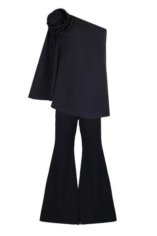 FLORAL ADORNED ONE-SHOULDER BLACK TOP AND PANTS SET