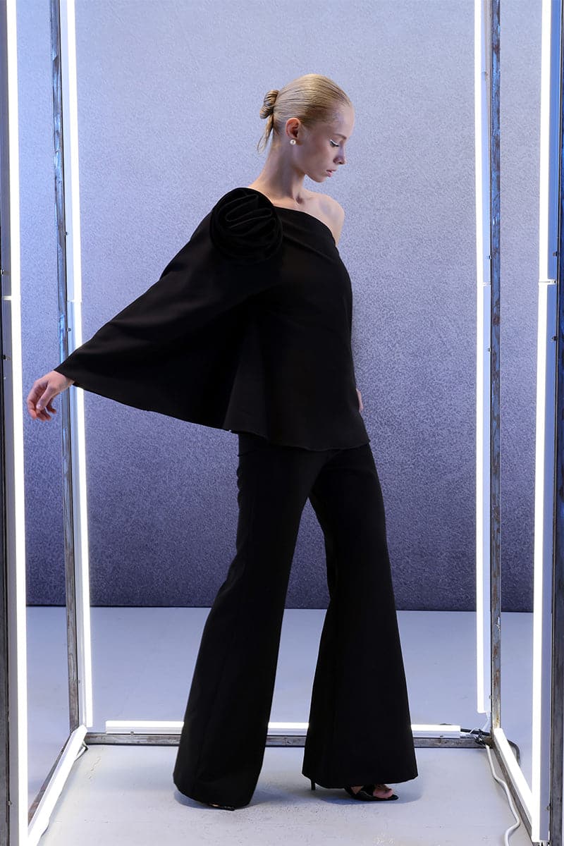 FLORAL ADORNED ONE-SHOULDER BLACK TOP AND PANTS SET