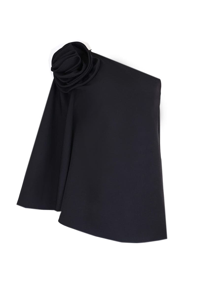 FLORAL ADORNED ONE-SHOULDER BLACK TOP AND PANTS SET