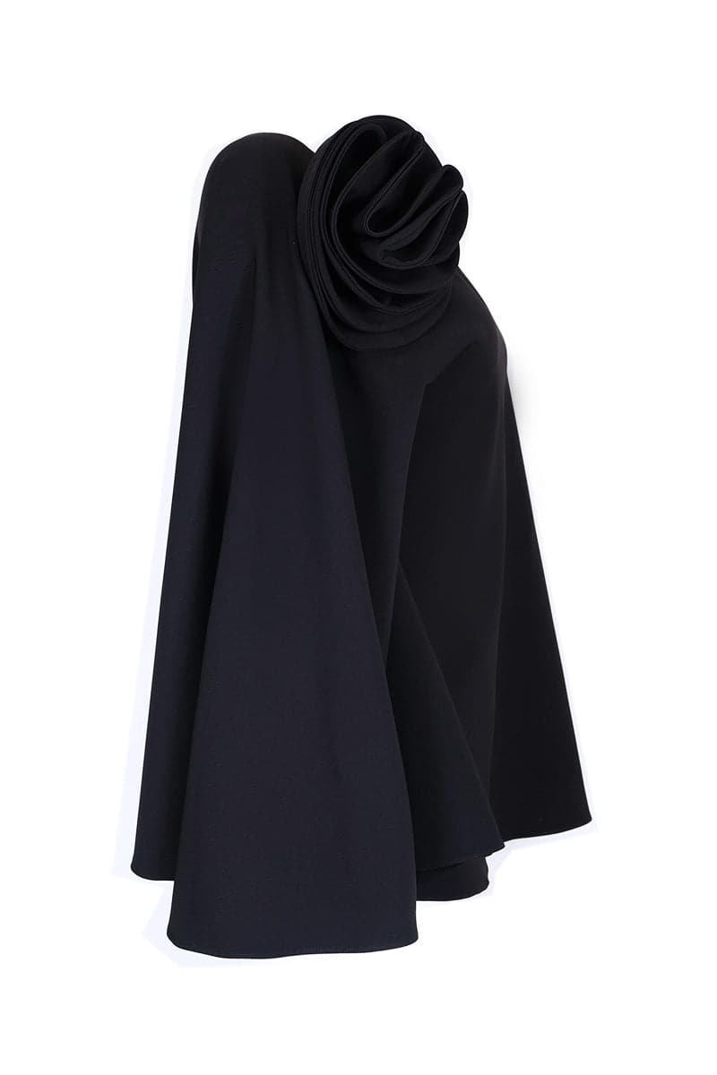 FLORAL ADORNED ONE-SHOULDER BLACK TOP AND PANTS SET