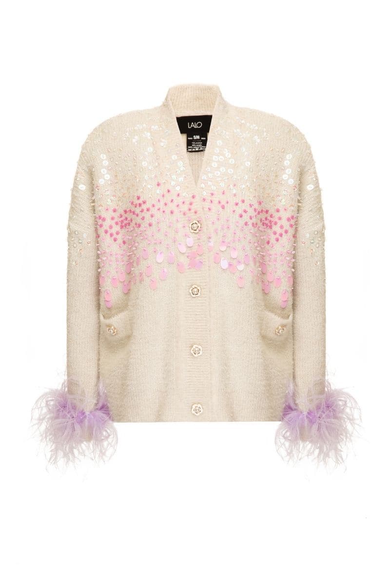 KNITTED CREAM SET WITH FEATHER CUFFS