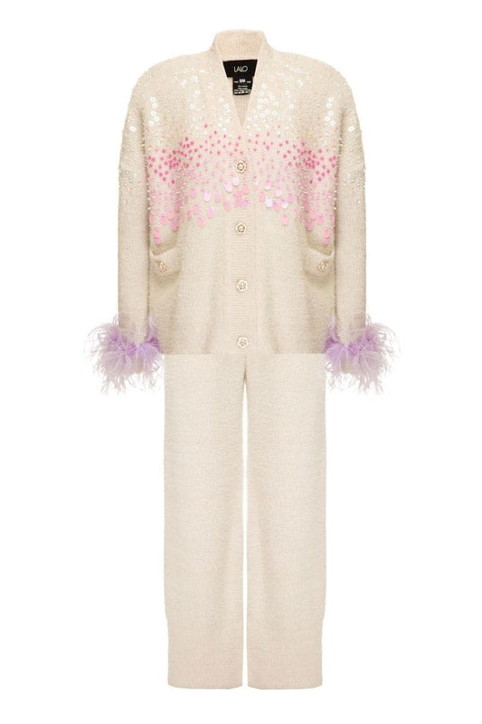 KNITTED CREAM SET WITH FEATHER CUFFS