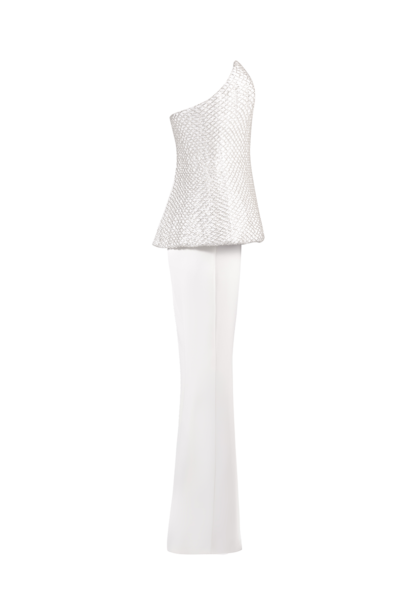 CORSET TOP WITH FLARED TROUSERS SET IN WHITE