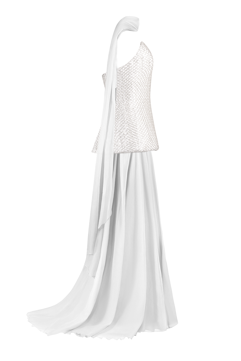 STRAPLESS TOP AND SKIRT SET WITH SCARF IN WHITE