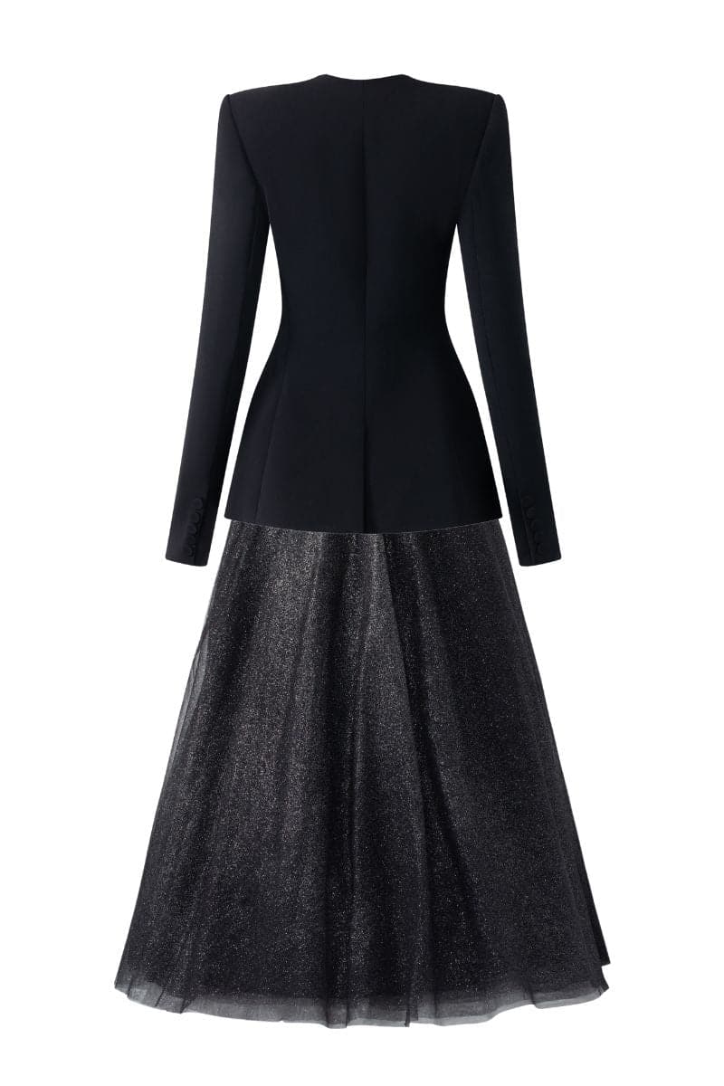 BLACK LONG SLEEVE TRAPEZOID NECKLINE BLAZER AND SKIRT SET