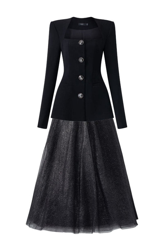BLACK LONG SLEEVE TRAPEZOID NECKLINE BLAZER AND SKIRT SET
